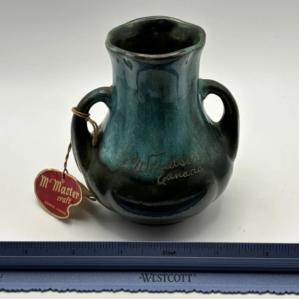 Vtg Blue‎ McMaster Craft Drip Glaze  Pottery Vase Jar Amherst NS Souvenir 2 3/4